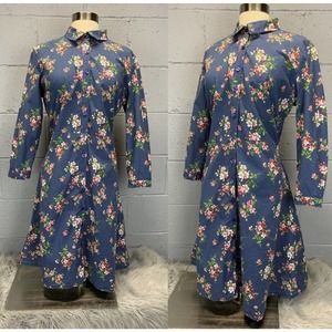 Floral Swiss Dot Shirt Dress Collared Midi Dress Long Sleeve Large Cottage Core